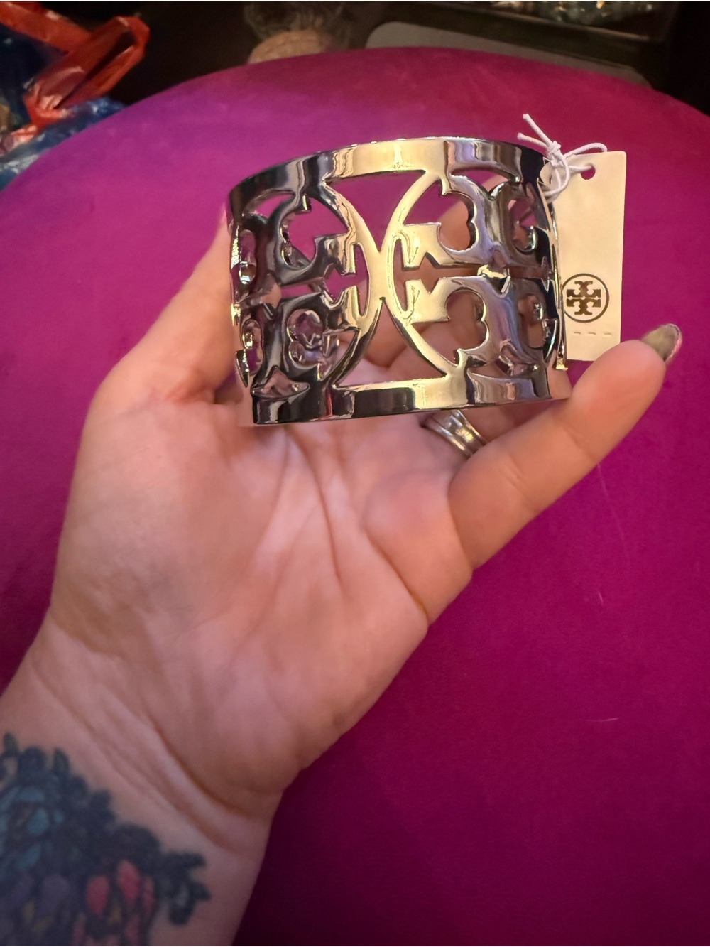 Tory Burch Silver-Tone Cutout Logo Cuff Bracelet